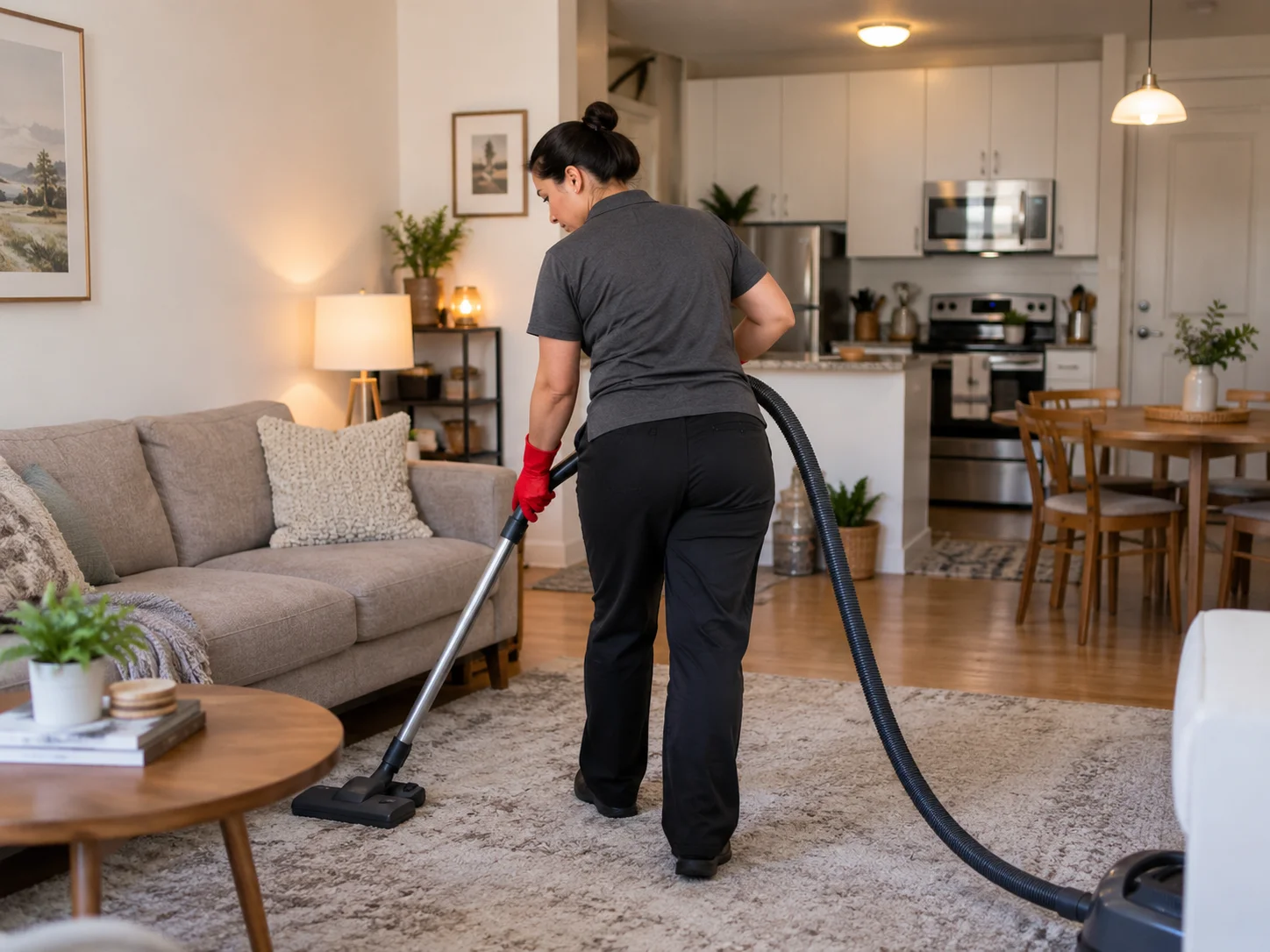 Cleaner vacuuming the living room of an apartment