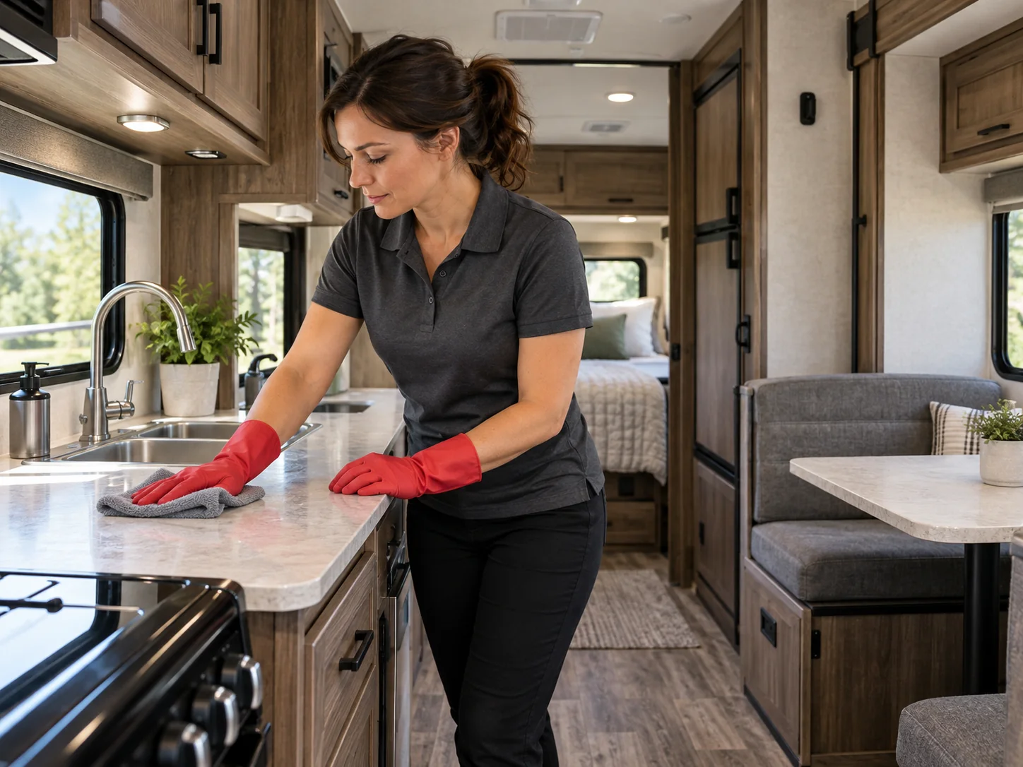 Cleaner wiping a kitchen counter inside an RV